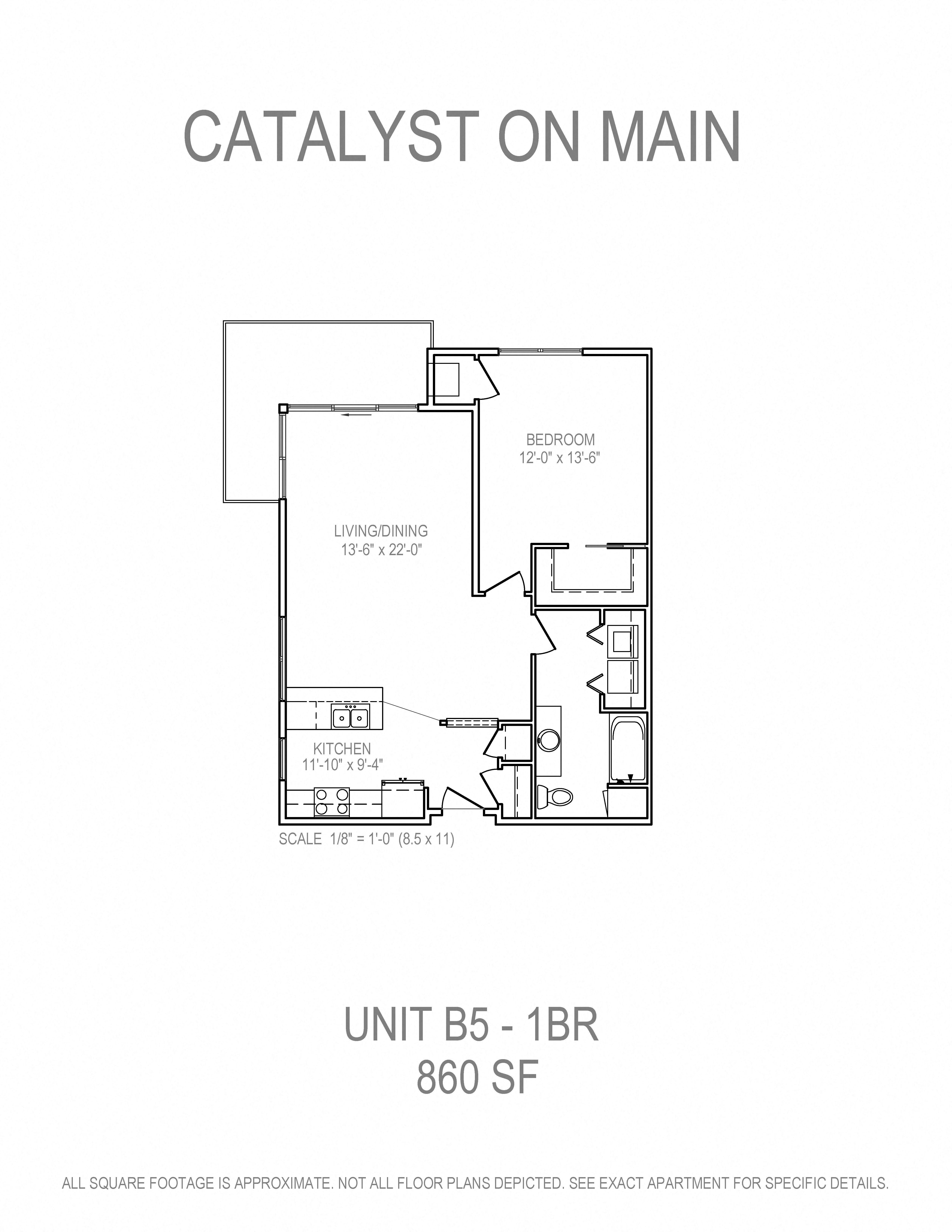 Floor plan for 1 bed, 1 bath, 860 sqft